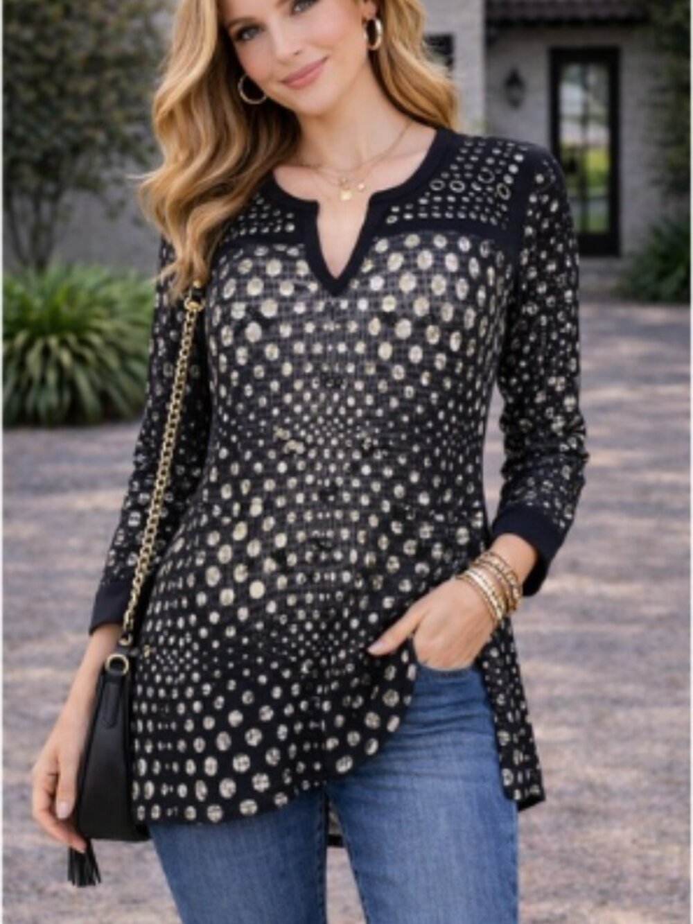 Vocal Sheer Mesh Black Studded Floral Dot Print Long Sleeve Tunic | S/M